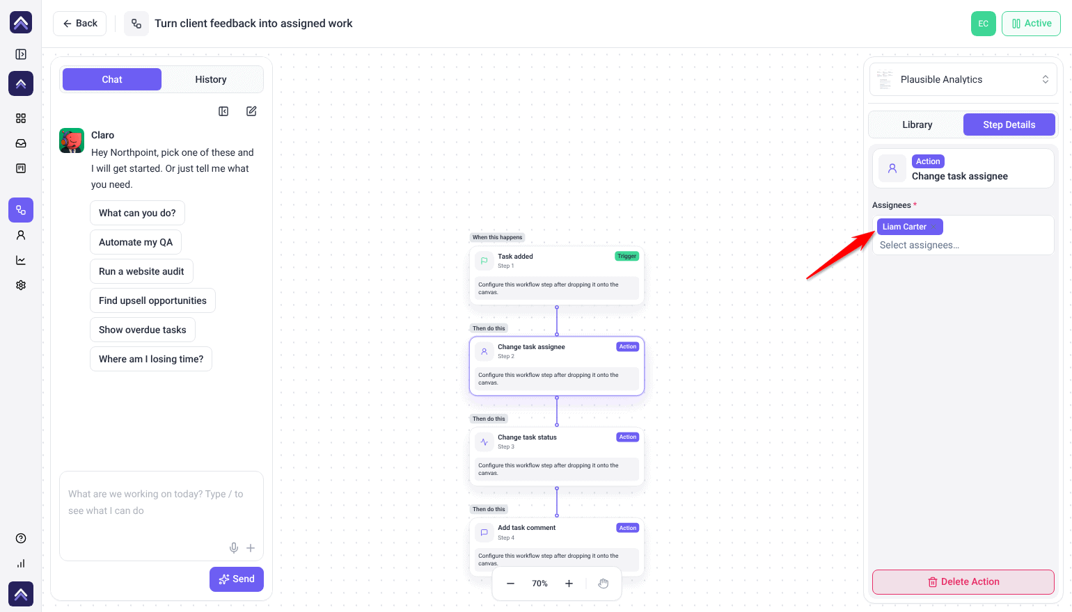 Workflow builder with a Task added trigger and Change task assignee step, the red arrow pointing at Liam Carter in the Assignees field.