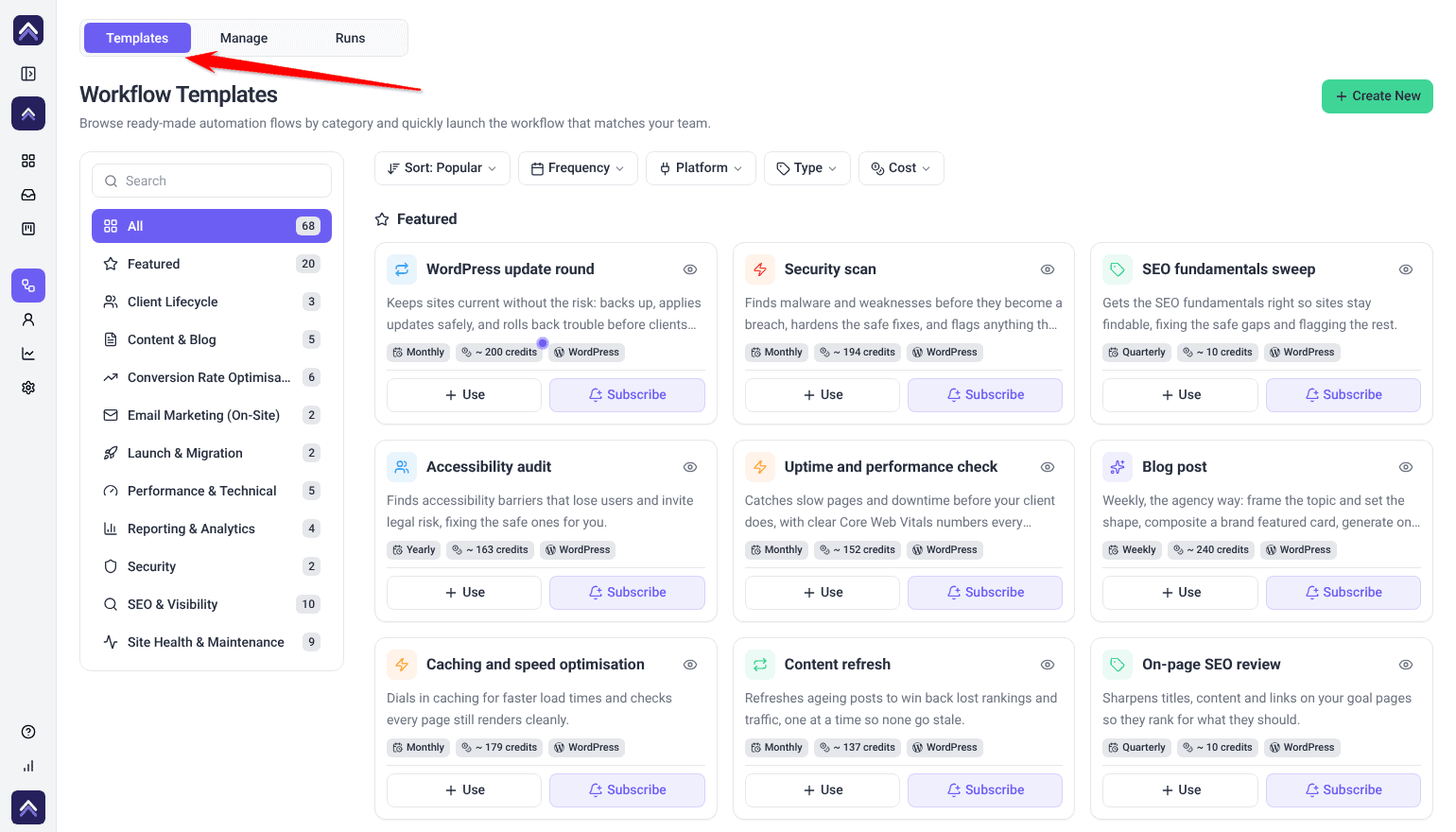 Workflow Templates with the category list, Featured templates and Create New; the arrow points at the Templates tab