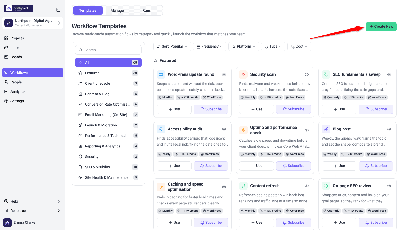 Workflow Templates on the Templates tab; the arrow points at the Create New button at the top right