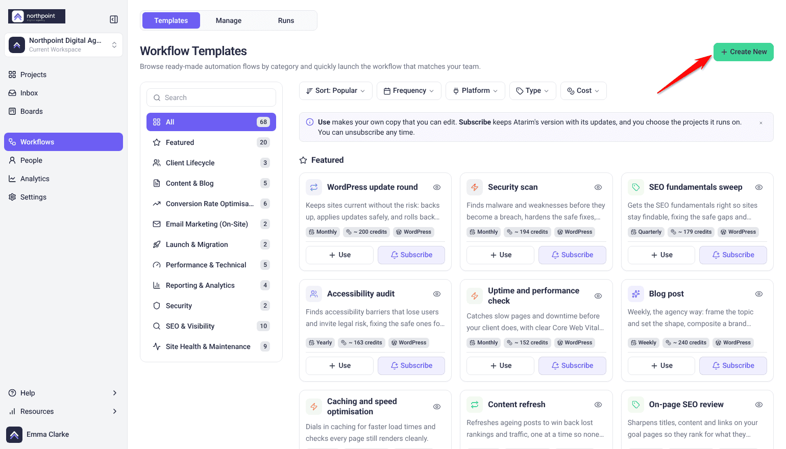 Workflow Templates screen with the Templates, Manage and Runs tabs and the Create New button