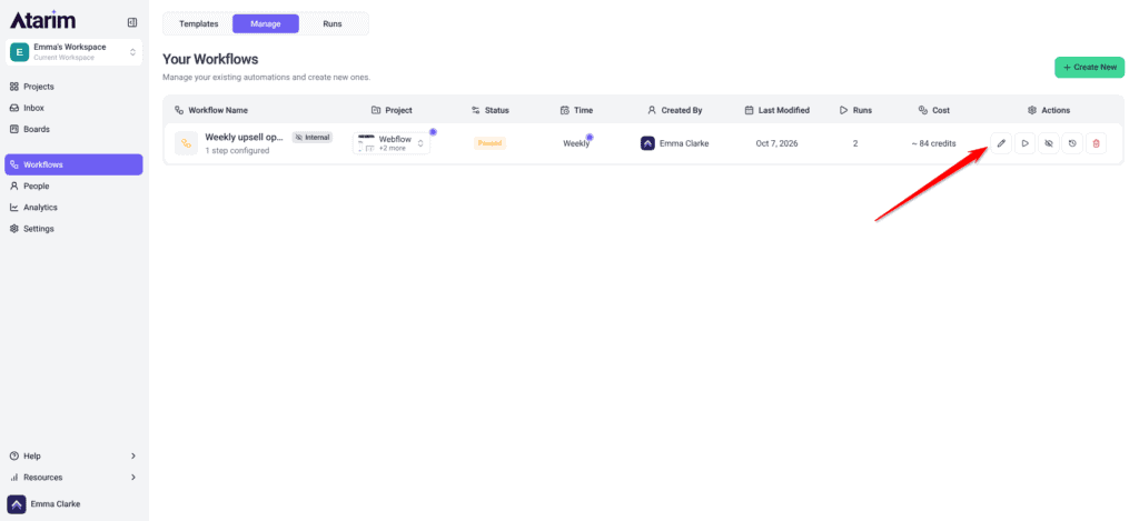 Manage tab listing a workflow with project, status, cadence, creator, runs, cost and the Edit action