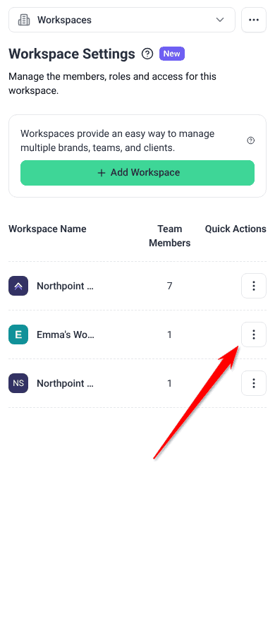 Workspace Settings on a narrow screen, with each workspace's actions in a three-dot menu