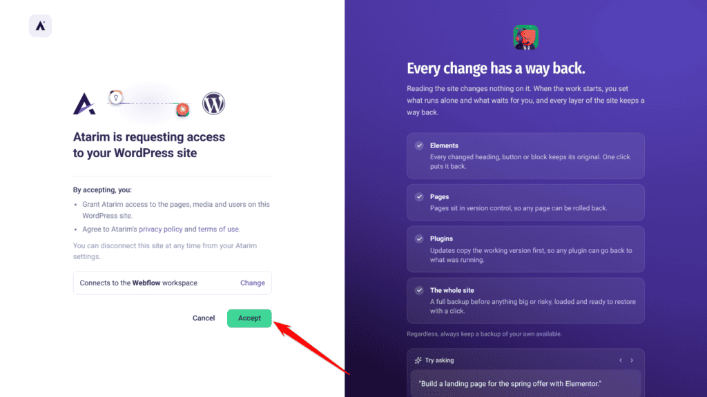 Atarim is requesting access to your WordPress site, showing the workspace the site connects to, with the arrow on Accept