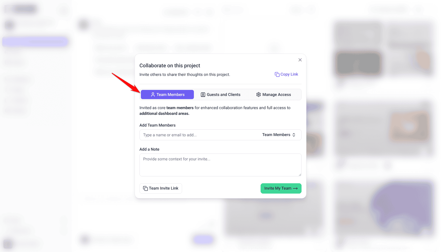 Collaborate on this project window on the Team Members tab, with Add Team Members, Add a Note and Invite My Team; the arrow points at Team Members