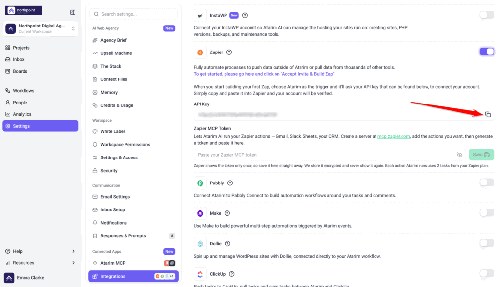 Zapier switched on with the API Key field (blurred) and the Zapier MCP Token field, arrow on the API Key copy icon