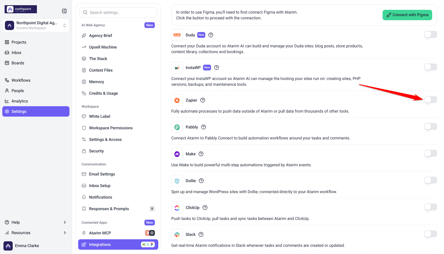 Integration Settings list with Zapier, Pabbly and Make switched off, arrow on the Zapier switch
