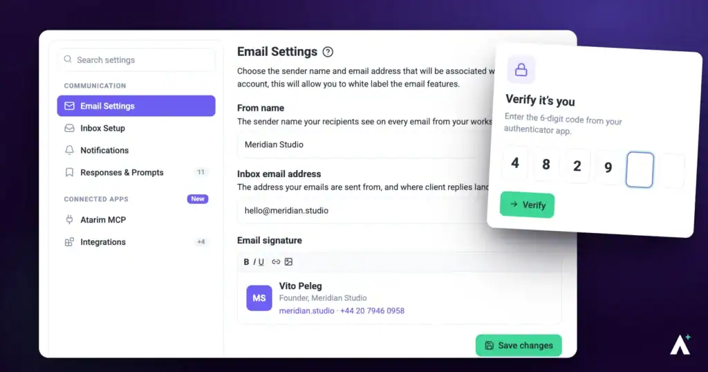 Atarim account settings with the email address field