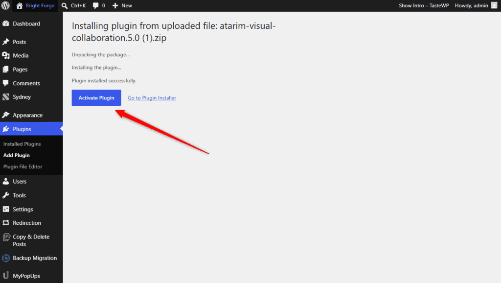 Activating the Atarim plugin after installation in WordPress
