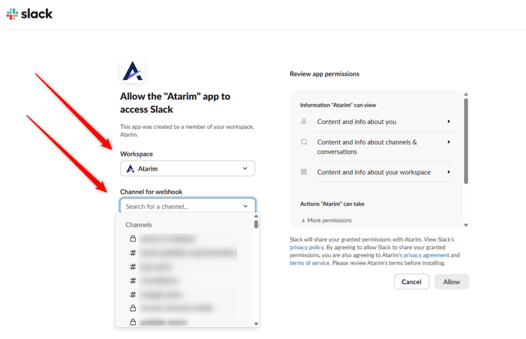 The Slack authorisation page with the Workspace dropdown