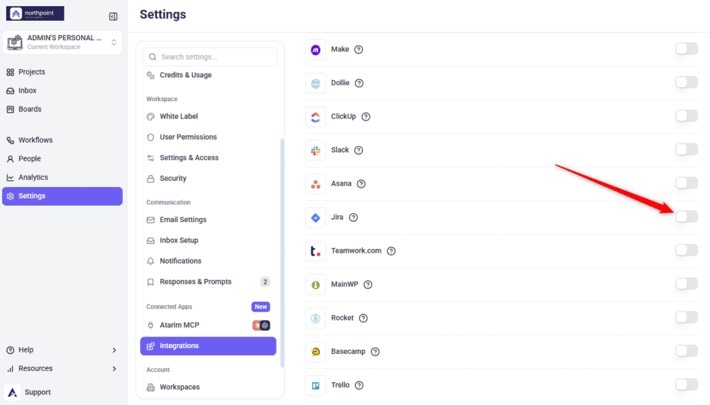 The Jira row in Atarim's Integrations panel before connecting