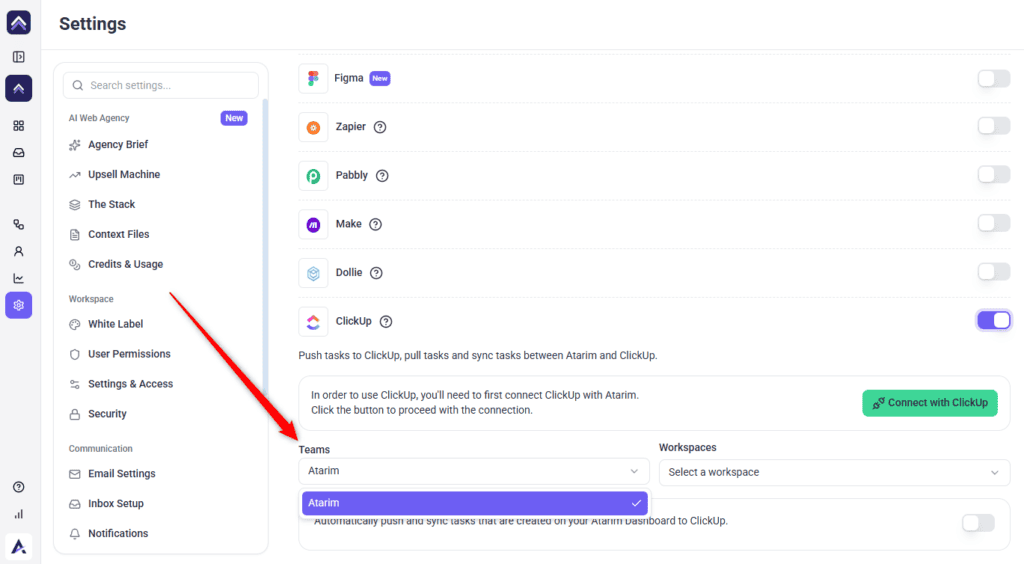 The Teams selector in Atarim's ClickUp configuration