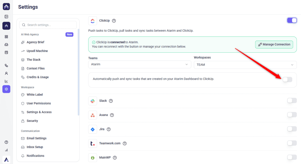 The automatic push and sync switch in Atarim's ClickUp configuration