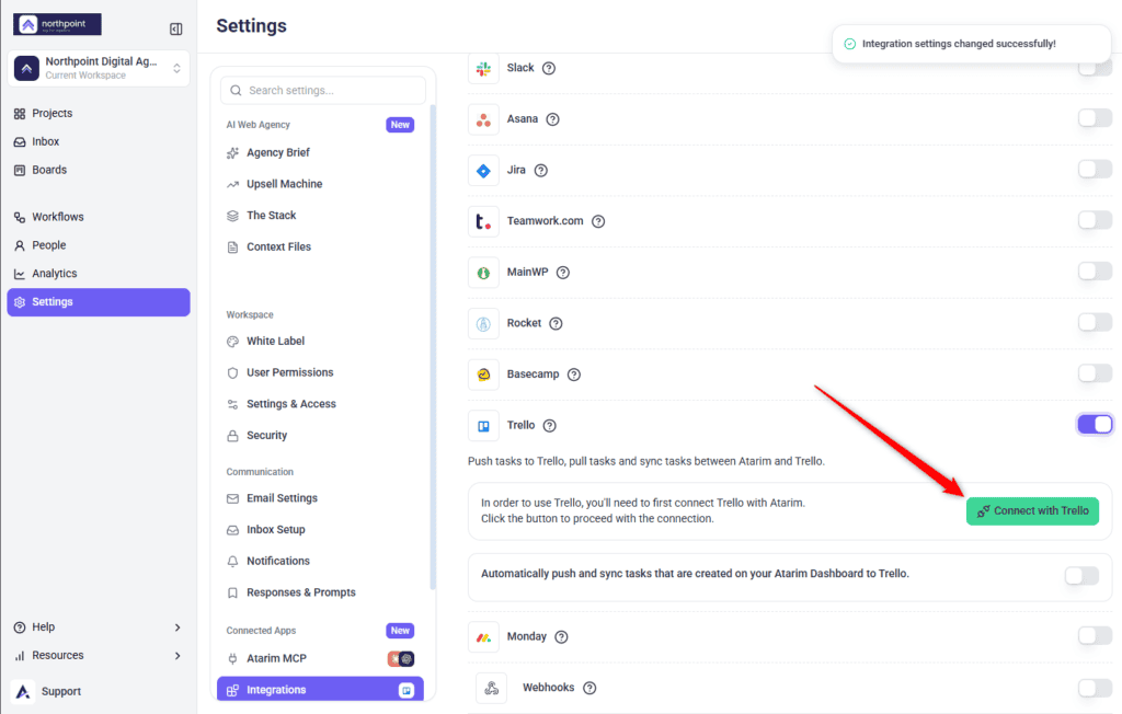 The Connect with Trello button in Atarim