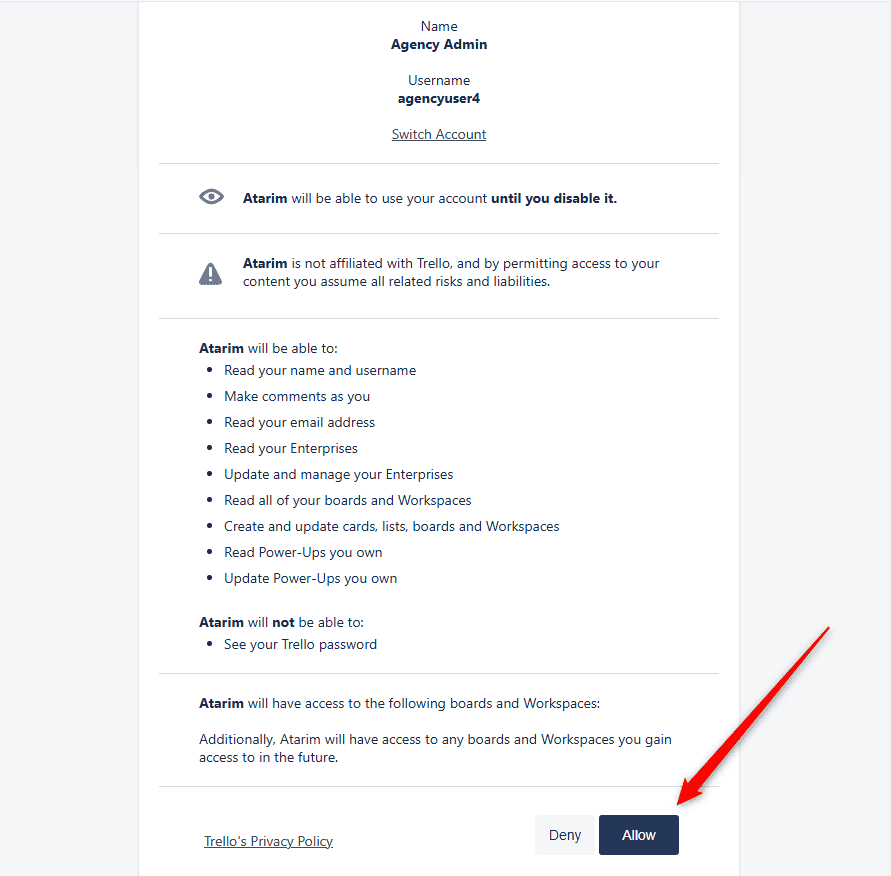 Trello's authorisation screen with the Allow button