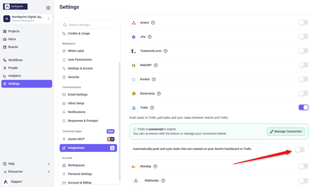 The automatic push and sync switch in Atarim's Trello configuration