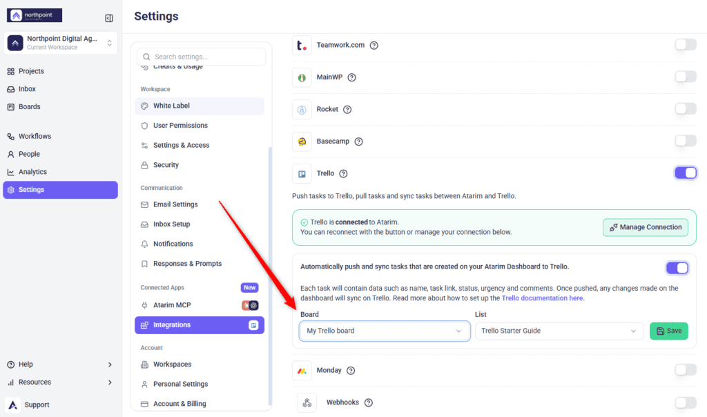 The Board selector in Atarim's Trello configuration