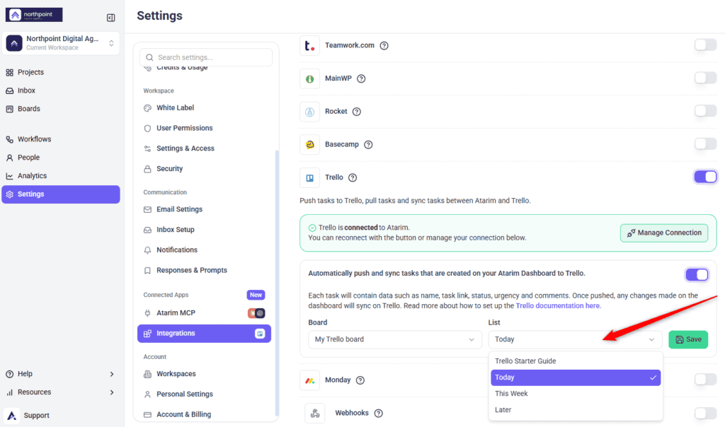 The List selector in Atarim's Trello configuration