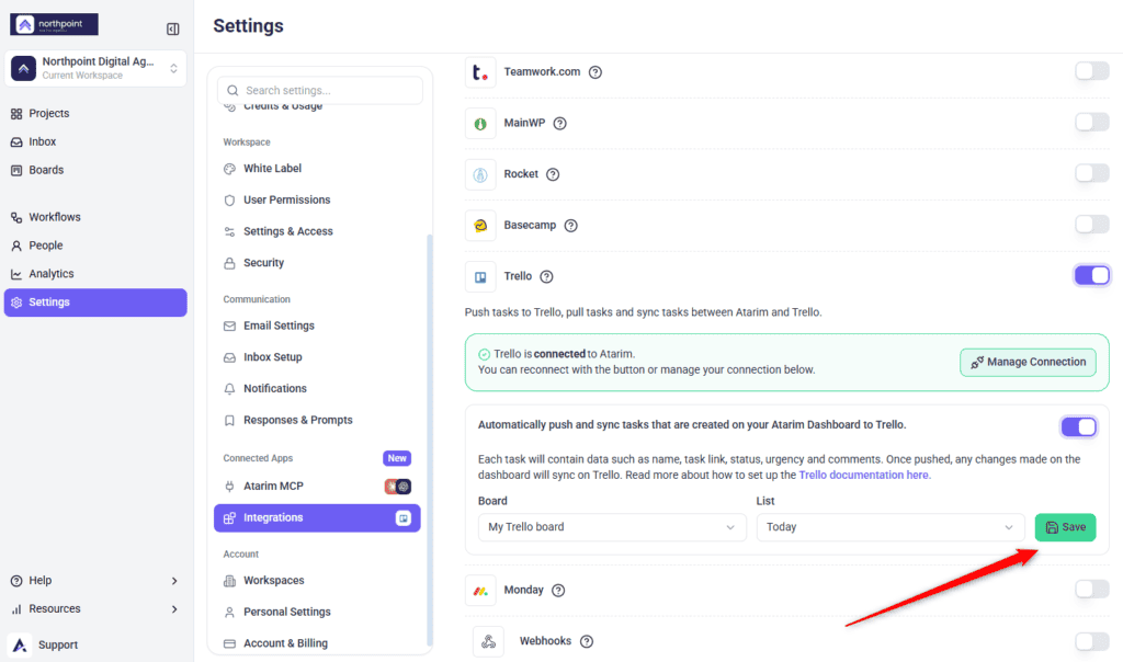 The Save button in Atarim's Trello configuration