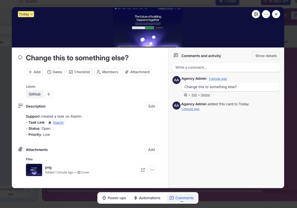 A Trello card showing the Atarim task details carried across