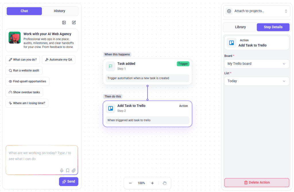 The Trello action being configured in an Atarim workflow