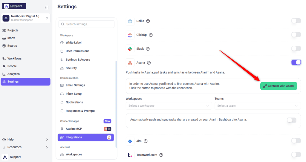 The Connect with Asana button in Atarim
