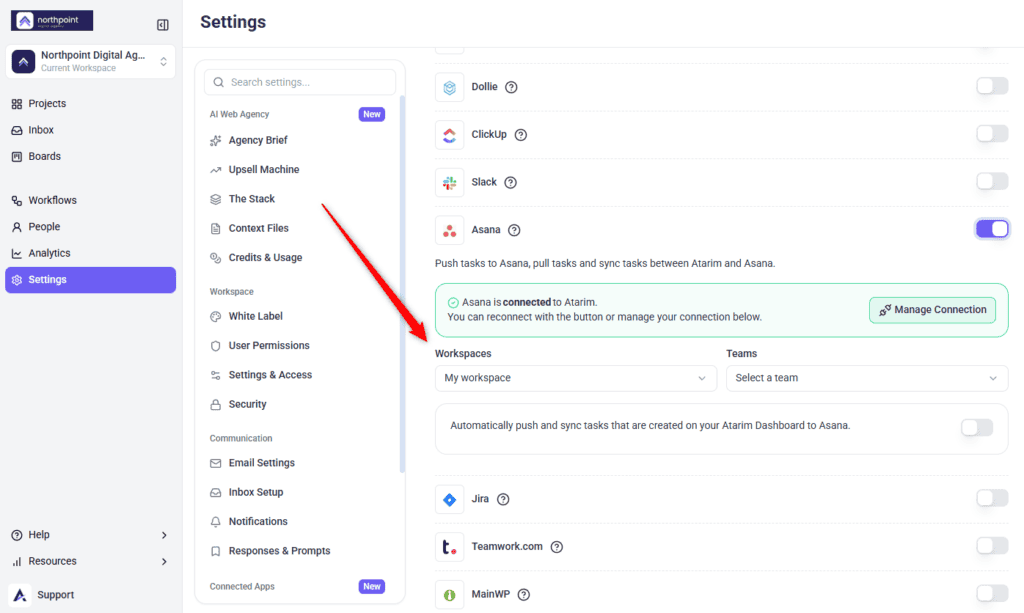 The Workspace selector in Atarim's Asana configuration
