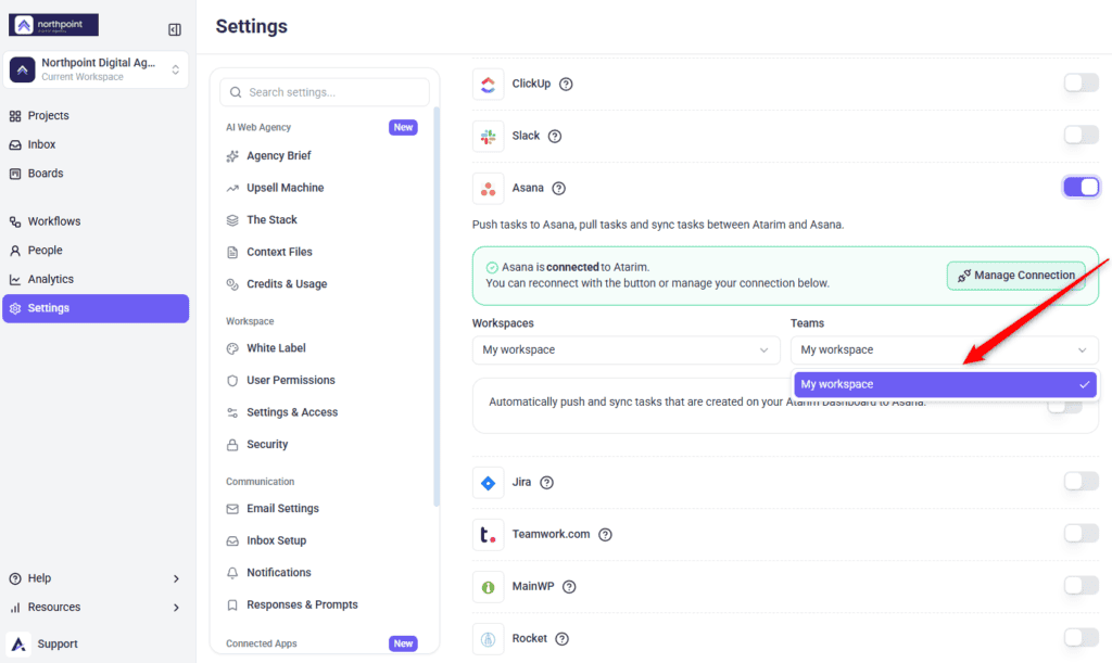 The Team selector in Atarim's Asana configuration