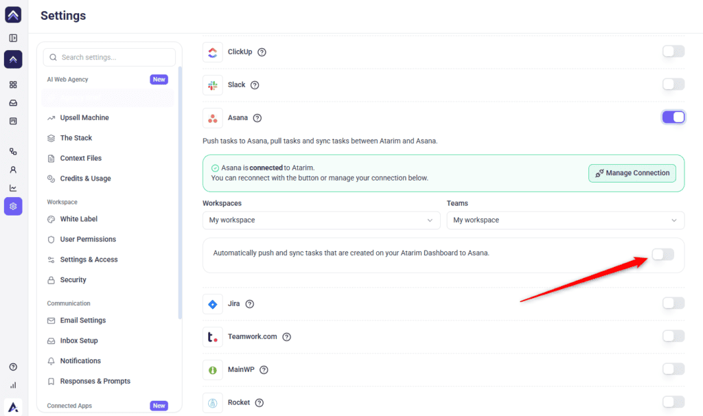 The automatic push and sync switch in Atarim's Asana configuration
