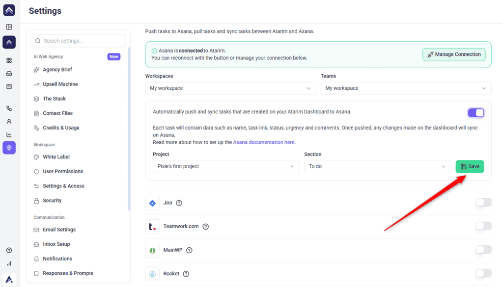 The Save button in Atarim's Asana configuration