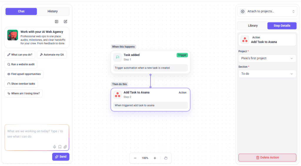The Asana action being configured in an Atarim workflow