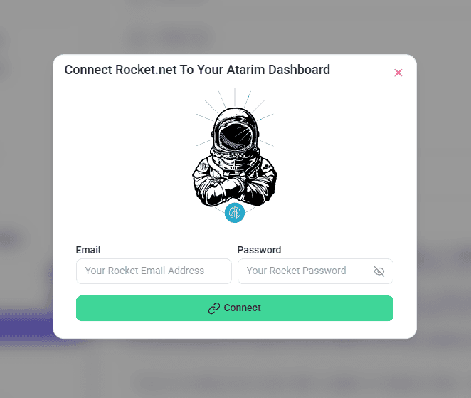The Rocket.net sign-in modal asking for email and password