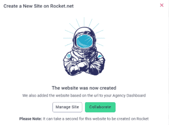 The Manage Site option opening Rocket.net settings for the environment