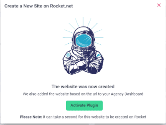 The Activate Plugin button after the site is created