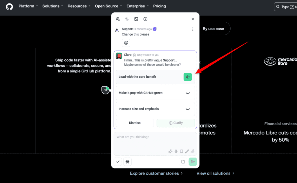 An option applied live to the element for preview