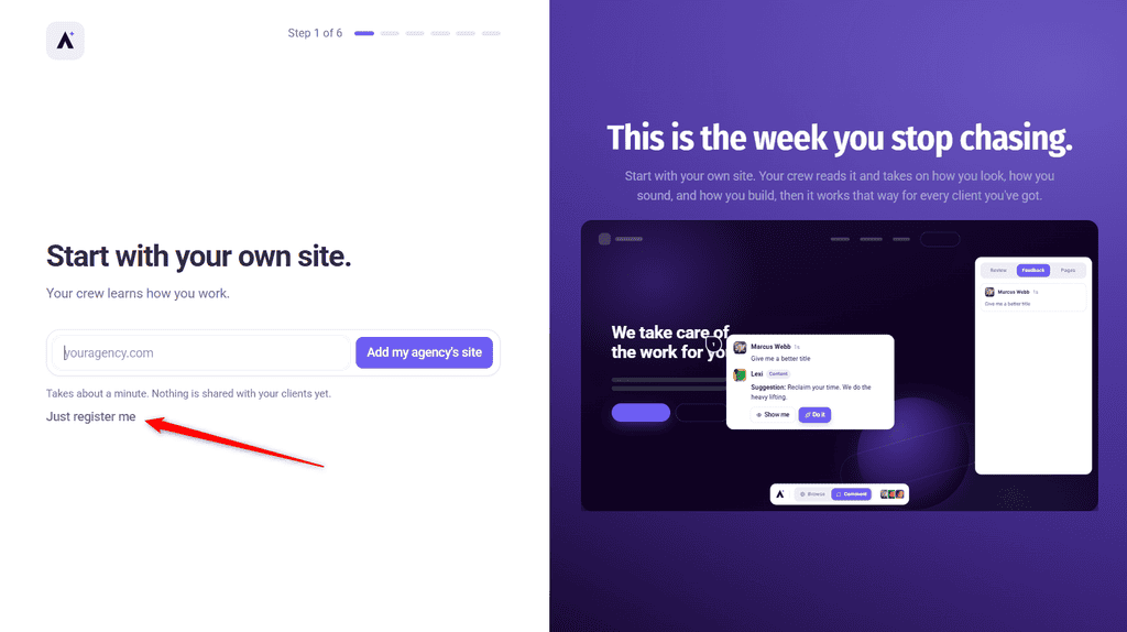 The Just register me link below the agency URL field