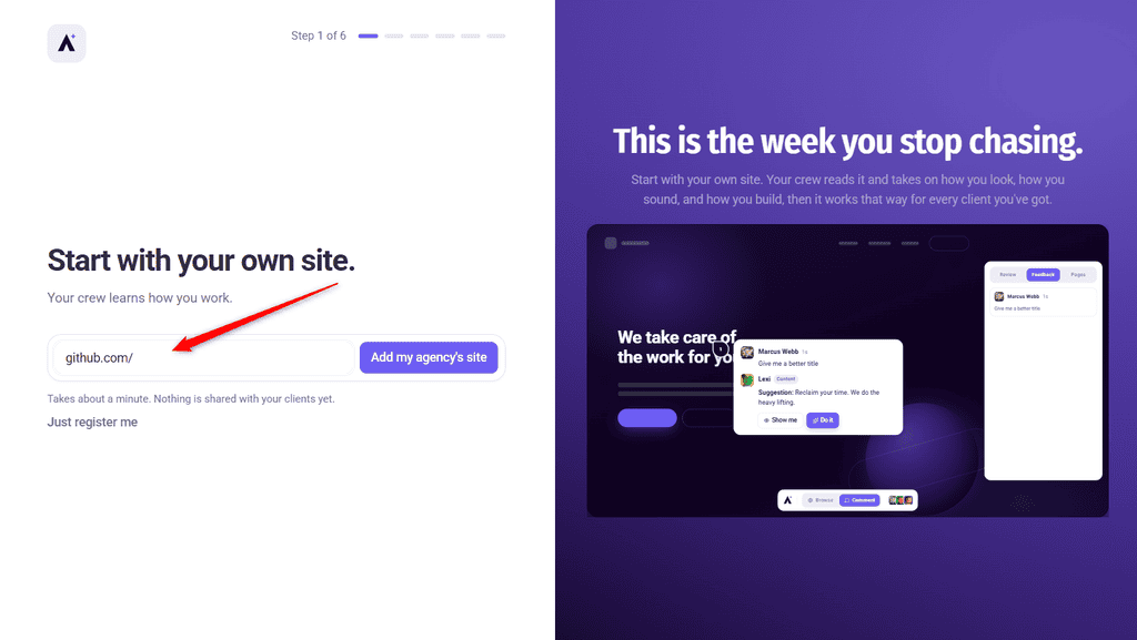 Wizard step 1 with a single field for the agency website URL