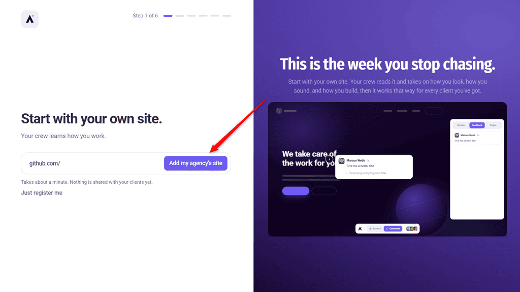 The agency URL entered, with the Add my agency's site button ready