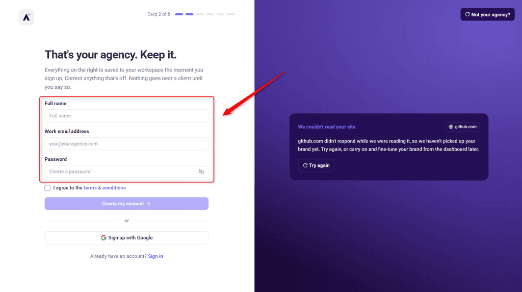 Empty registration form with name, email and password fields