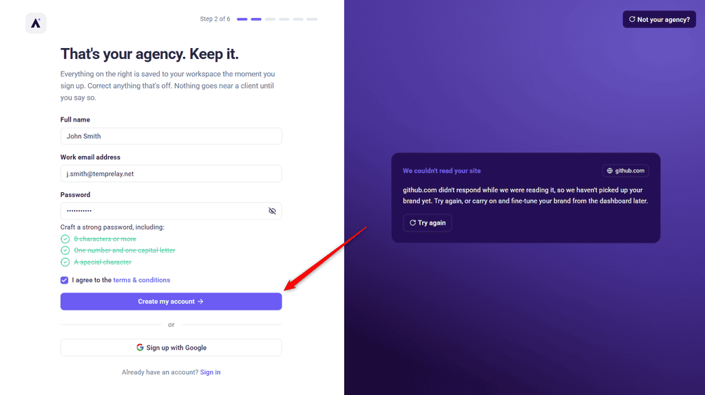 The terms and conditions checkbox on the registration form