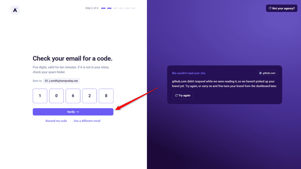 Screen prompting for the five-digit email verification code