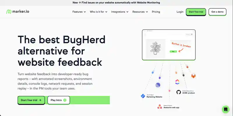Marker.io homepage, a website feedback tool that turns feedback into developer-ready bug reports sent to Jira, Asana and GitHub
