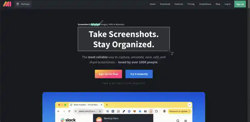 Markup Hero homepage, a screenshot and website annotation tool for images, PDFs and websites, free with no credit card required
