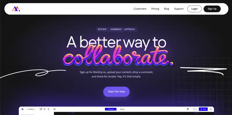Markup.io homepage: a better way to collaborate, with review, comment and approve tools for websites and files