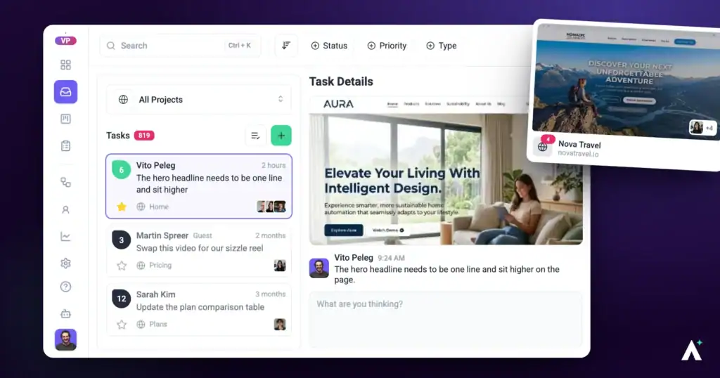 The Atarim inbox with the main navigation sidebar