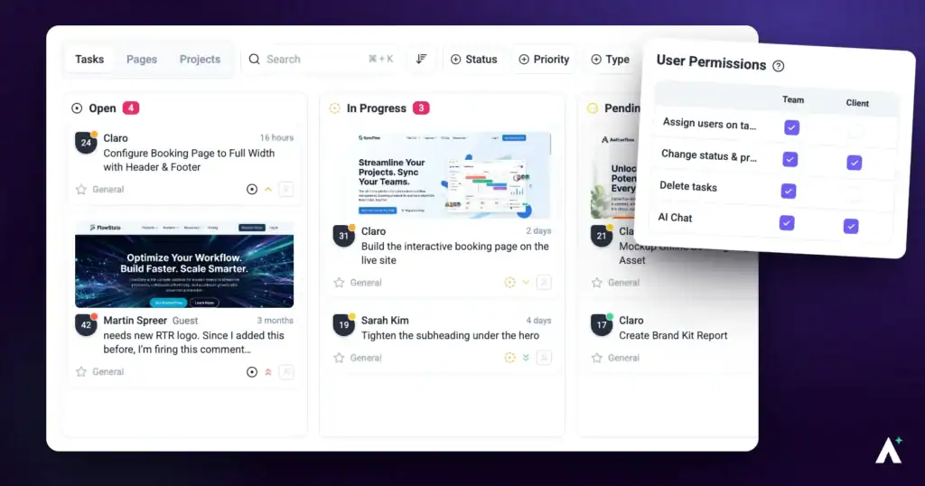 A large Atarim workspace with tasks split across folders and owners