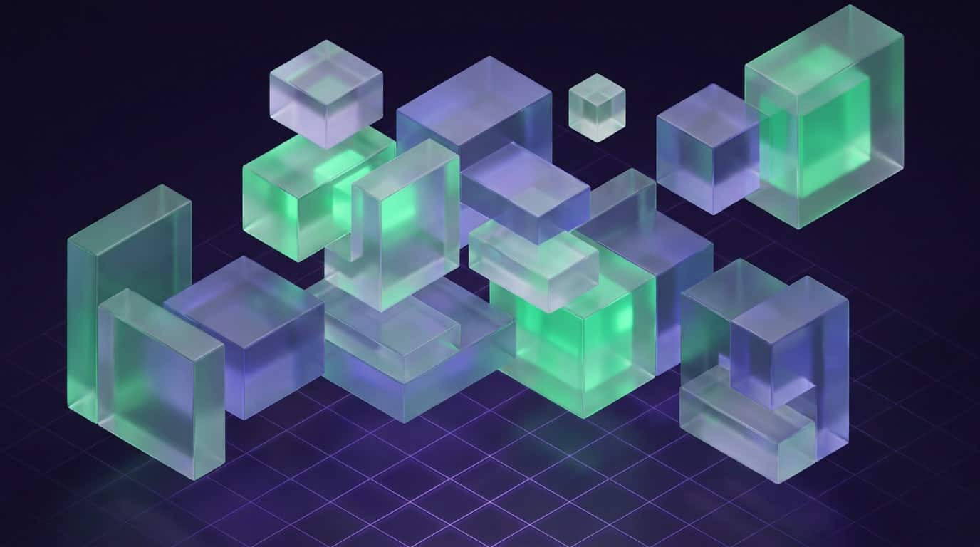 Floating isometric 3D glassmorphic blocks and geometric prisms with emerald and purple internal lighting.
