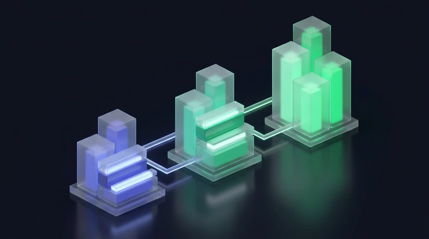 Clean 3D visualization of stepped glass columns and glowing tiered bars representing structured client portfolio retainers.