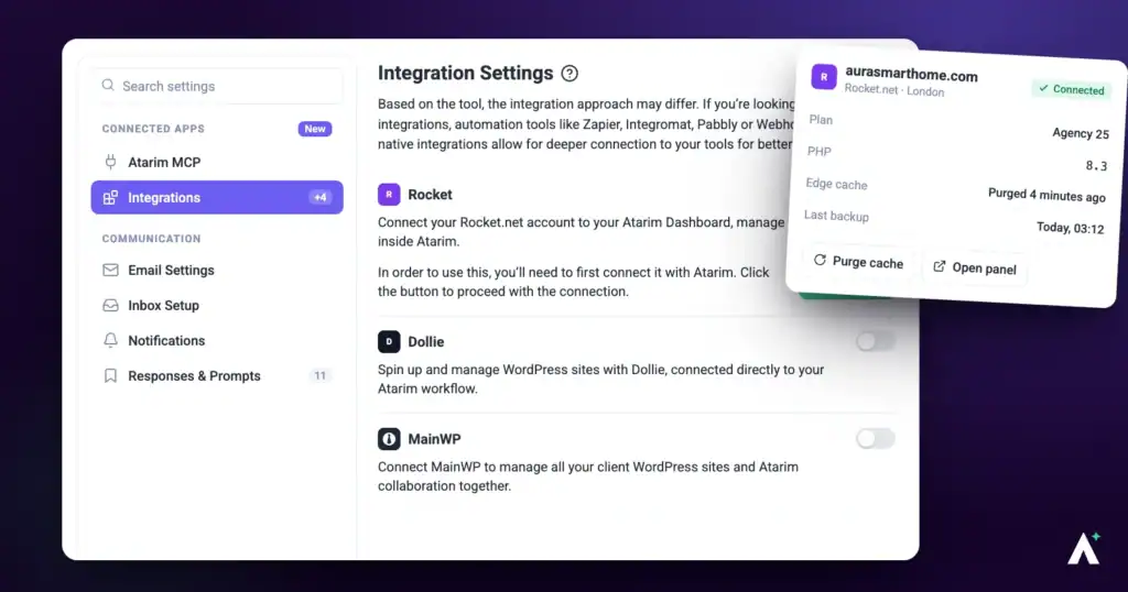 Atarim integration settings showing the Rocket.net hosting connection