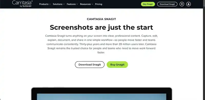Camtasia Snagit homepage by TechSmith, a screen capture and website annotation tool for screenshots and recordings