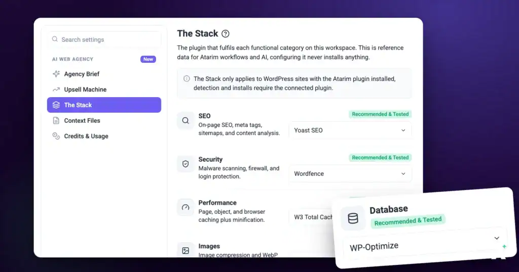 Atarim settings mapping a preferred plugin to each functional category